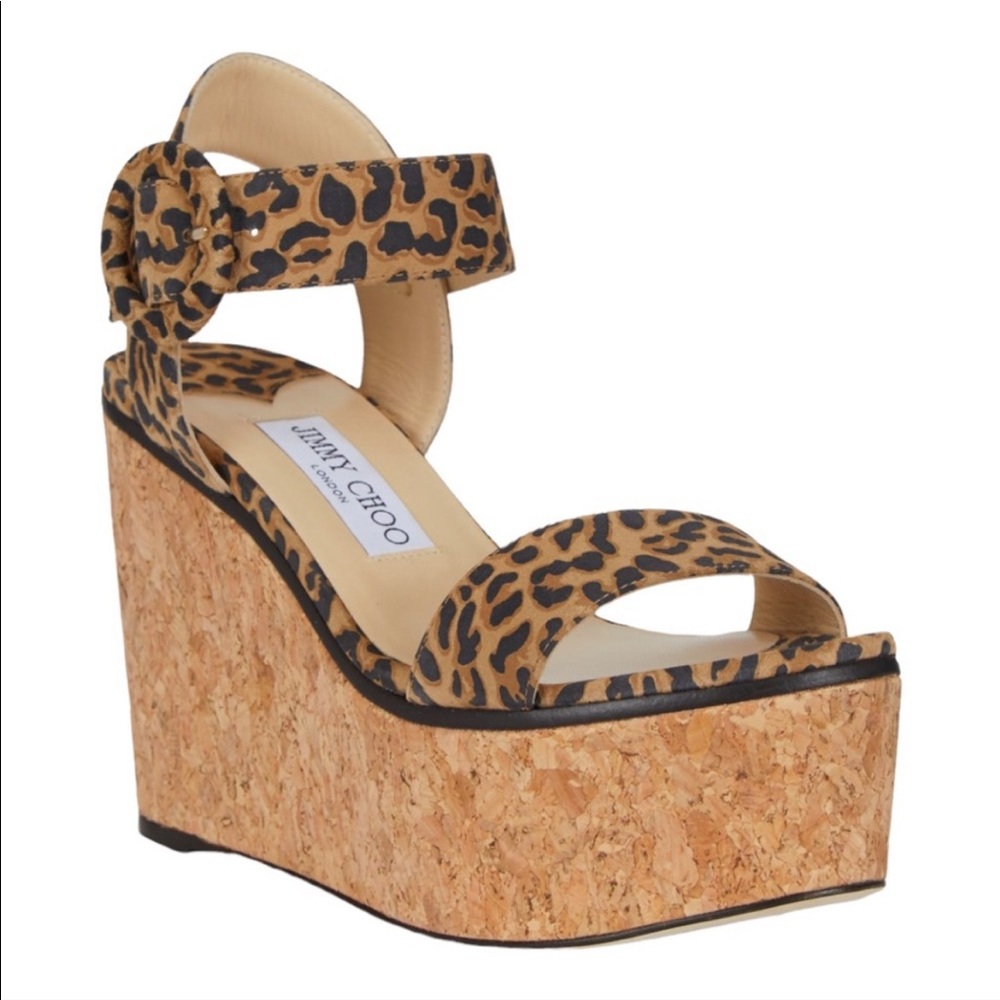 Jimmy Choo. Abigail Leopard-Print Leather Cork Wedge Sandals